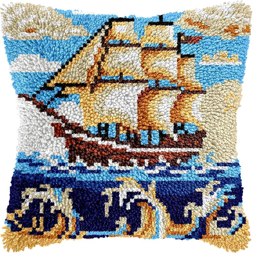Sailing Ship Latch Hook Kits Pillow kits Cushion Throw Pillow Embroidery Craft Kits DIY Kits of DIY Hooking Pillowcase Cover Supplier with Color Printed Canvas 43x43cm (193)