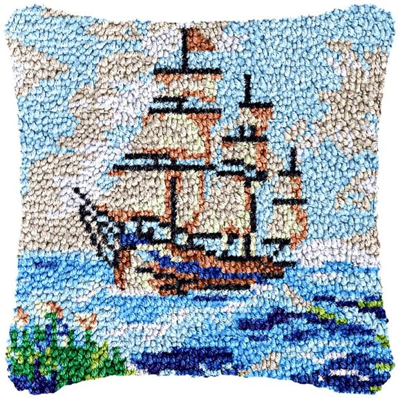 Sailing Ship Latch Hook Pillow Cover Kits for DIY Handmade Throw Pillow Cross Stitch Latch Hook Pillowcase Rug Kits with Preprinted Color Pattern Canvas Crochet Yarn Kits 17''X 17''(ch25)