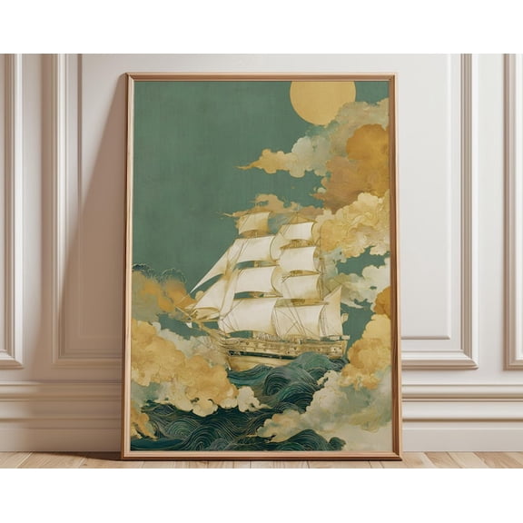 Sailing Ship Ocean Waves Cloud Teal Gold Wall Art Print, Unframed Paper Poster 11x14in