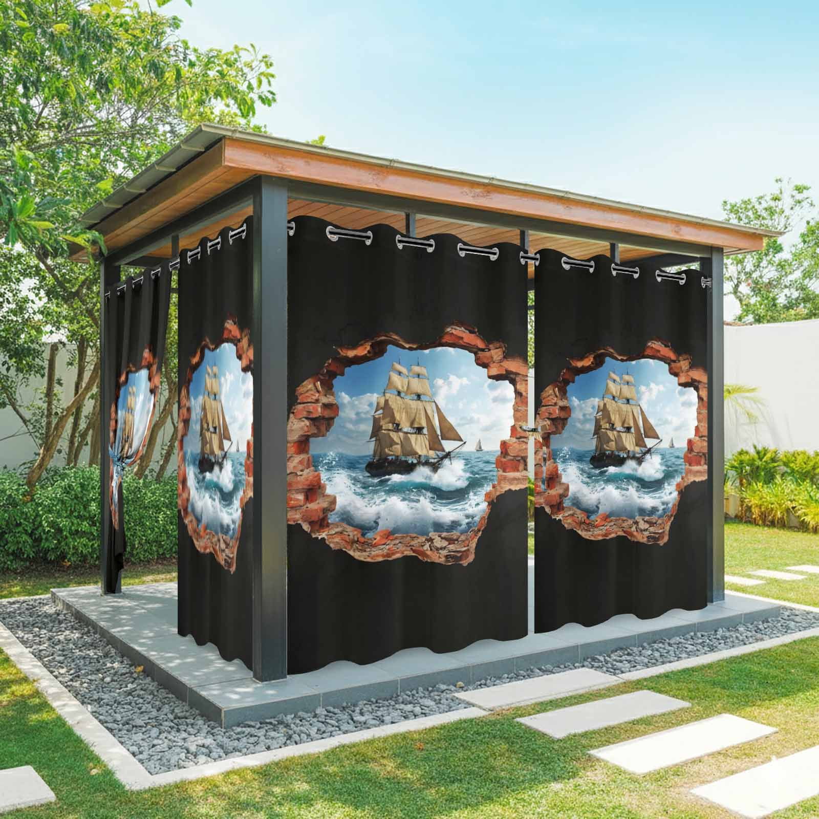 Sailing Ship Outdoor Curtains for Patio, Art Romantic Broken Brick Vintage Vessel Ocean Wave Sunshade Privacy Drapes Grommet Waterproof Outside Curtains for Porch/Cabana/Balcony 54"x 108", 1 Panel