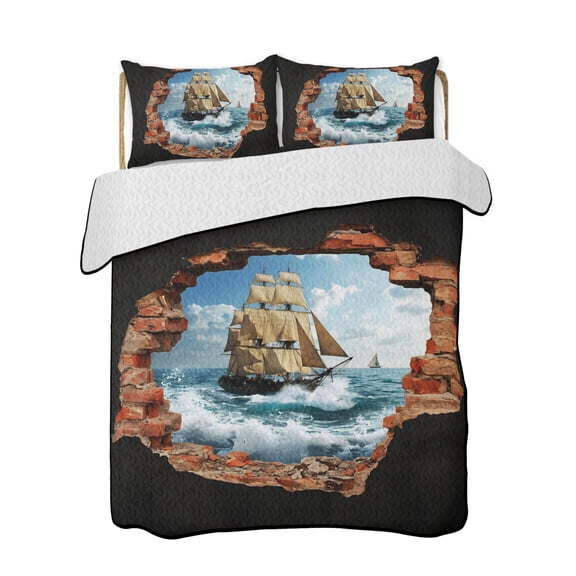 Sailing Ship Quilts Bedding Set King Size Art Romantic Broken Brick Vintage Vessel Ocean Wave Lightweight Quilted Bedspread 3 Piece Bed Quilt with 2 Pillow Shams All Season for Bedroom 90" x 96"