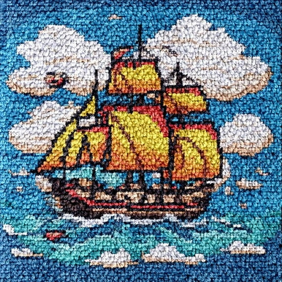 Sailing Ship Small Size Mini Rug Latch Hook Kits Rug DIY Cushion Tapestry Making Crochet Hook Mat Making Kits Color Preprinted Pattern Canvas DIY Carpet Needlework Home Decor Kits 30x30cm (r58)