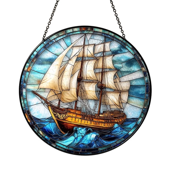 Sailing Ship Stained Glass Style Suncatcher – Nautical Window Hanging Decor