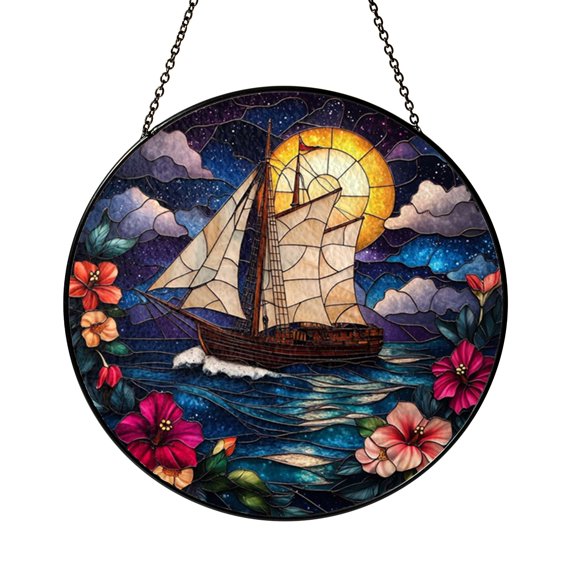 Sailing Ship Stained Glass Suncatcher Window Hanging with Moonlit Ocean and Hibiscus Flowers, Nautical Seaside Home Decor Gift