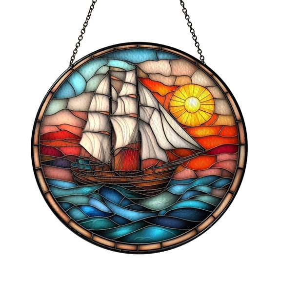 Sailing Ship Stained Glass Wall Art – Round Ocean Boat Window Hanging Decor
