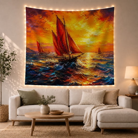 Sailing Ship at Sunset, Red Sails on Dramatic Ocean Waves, Impressionist Nautical Art for Sea Lovers, Maritime Wall Art, Housewarming Gift Tapestry Wall Hanging for Living Room, Bedroom