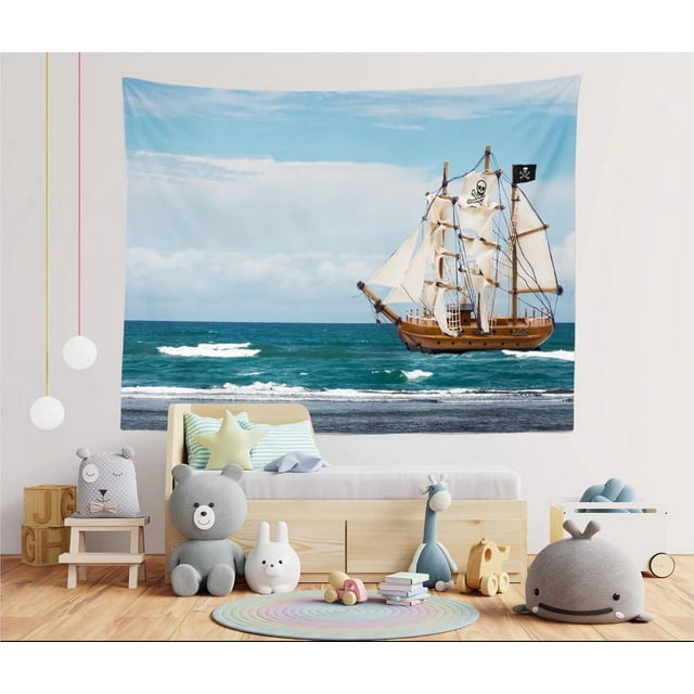 Sailing Ship Tapestry Boat Sea Pirate Ship Skull Navigation Wall ...