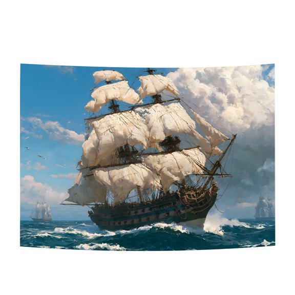 Sailing Ship Tapestry Wall Hanging, Tall Ship Ocean Wall Tapestry, Nautical Coastal Wall Decor for Bedroom Dorm Living Room Office