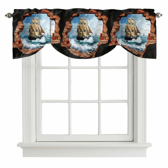 Sailing Ship Tie Up Valance Curtains Art Romantic Broken Brick Vintage Vessel Ocean Wave Adjustable Light Filtering Tie Up Valance Small Window Shade for Kitchen Bedroom Cafe 42" W x 12" L
