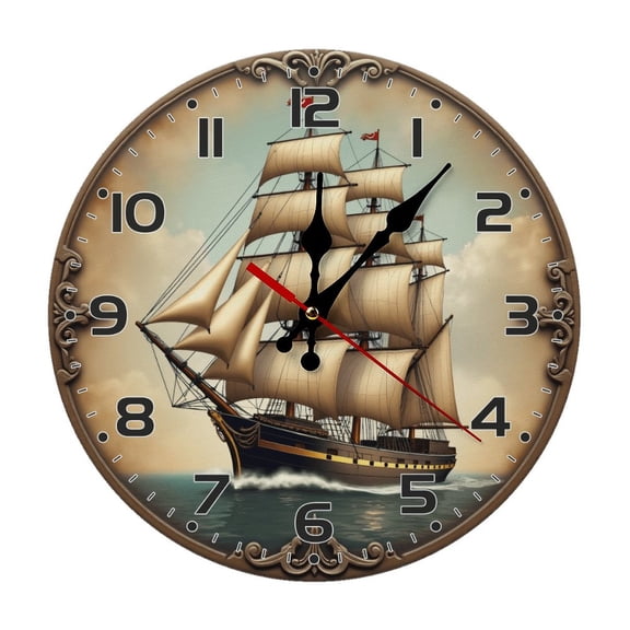 Sailing Ship Wall Clock 10 Inch Silent Non Ticking Round Wooden Clock Decoration for Living Room Kitchen Bedroom Bathroom Office Classroom