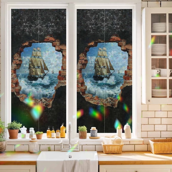 Sailing Ship Window Privacy Film Art Romantic Broken Brick Vintage Vessel Ocean Wave Static Cling Stained Glass Window Film Non-Adhesive Decorative Decals Rainbow Sticker 17.7"X39.3"