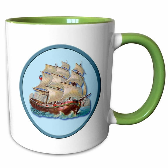 3drose, Sailing Ship with Sails Raised in Rough Seas in a Blue Frame, 11oz Two-tone Green Mug