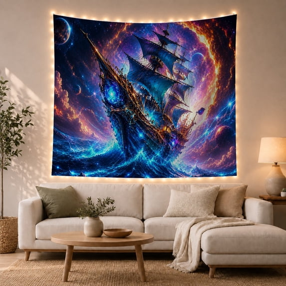 Sailing Ship and Celestial Portal Tapestry Wall Hanging