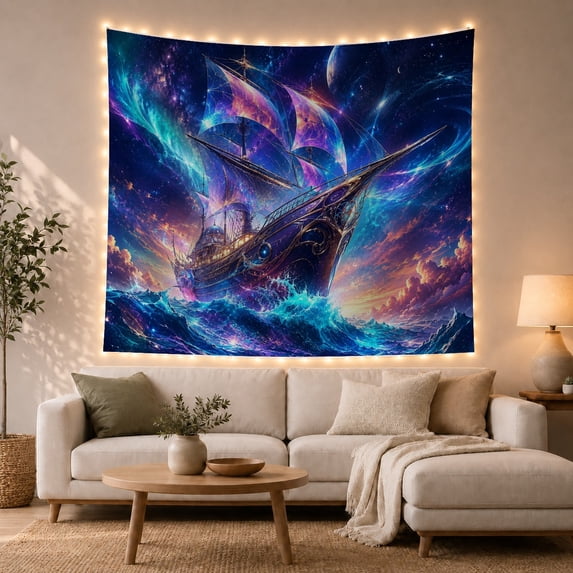 Sailing Ship and Celestial Portal Tapestry Wall Hanging