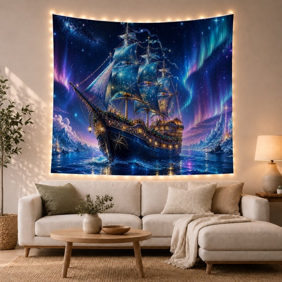 Sailing Ship and Celestial Portal Tapestry Wall Hanging
