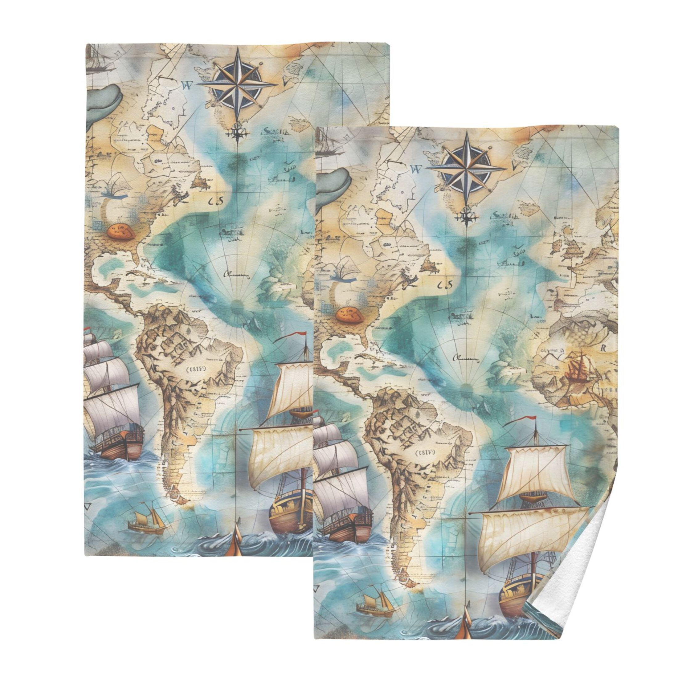 Sailing Ship and Nautical Chart 2 Pcs Hand Towel Set Cotton Absorbent Soft Face Towels Bath Towels for Bathroom Kitchen Shower Hotel Decor 16"x28"