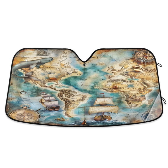 Sailing Ship and Nautical Chart Car Windshield Sun Shade Foldable Car Front Window Visor Heat and UV Protection 55x27.6