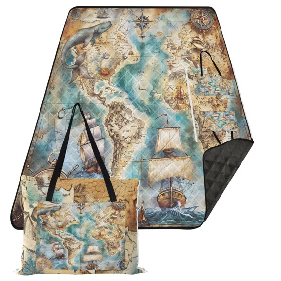 Sailing Ship and Nautical Chart Extra Large Picnic Beach Blanket Waterproof Sand Proof Portable Outdoor Mat 80x118