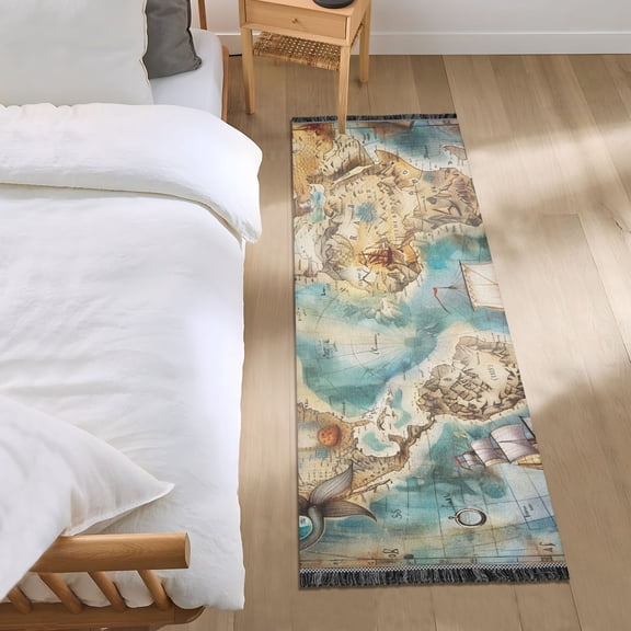 Sailing Ship and Nautical Chart Runner Area Rug 2x6 Soft Non-Slip Washable Bedside Carpet for Hallway Bedroom Living Room Home Decor