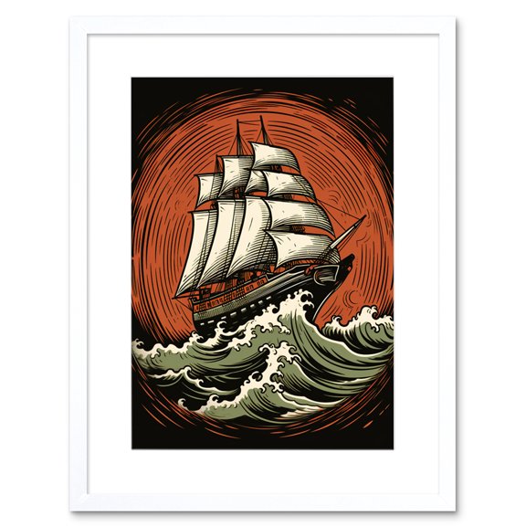 Sailing Ship in Rough Sea Waves Retro Rockabilly Americana 50s Artwork Framed Wall Art Print 9X7 Inch