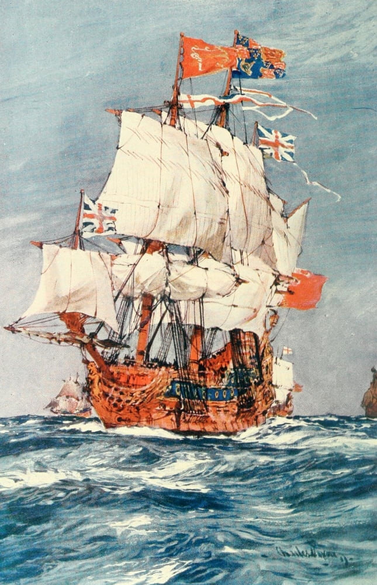 Sailing Ships 1909 A 17th Century English Warship Canvas Art - Charles Dixon (18 x 24)