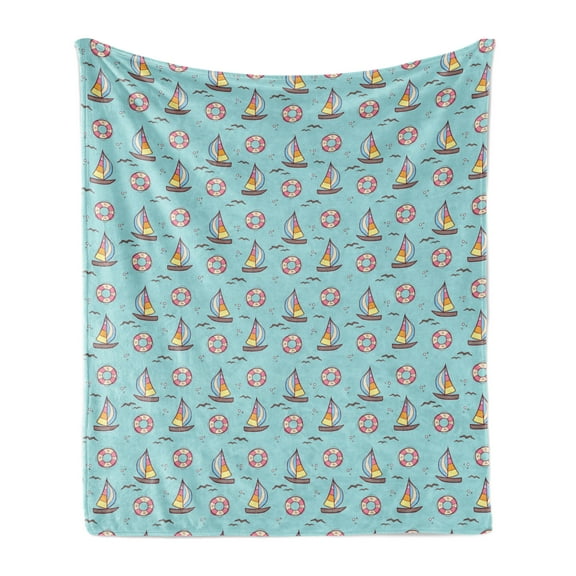 Sailing Soft Flannel Fleece Throw Blanket, Continuous Cheery Doodle of Sailboat Seagull and Circle, Cozy Plush for Indoor and Outdoor Use, 70" x 90", Pale Seafoam Multicolor, by Ambesonne