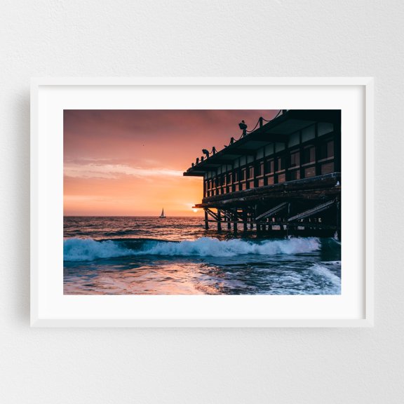 Sailing to Sunset - Redondo Beach California Photography Sunset Seascape Sailboat Ocean Waves Silhouette Coast White Framed Wall Art Print 16 x 24 inches