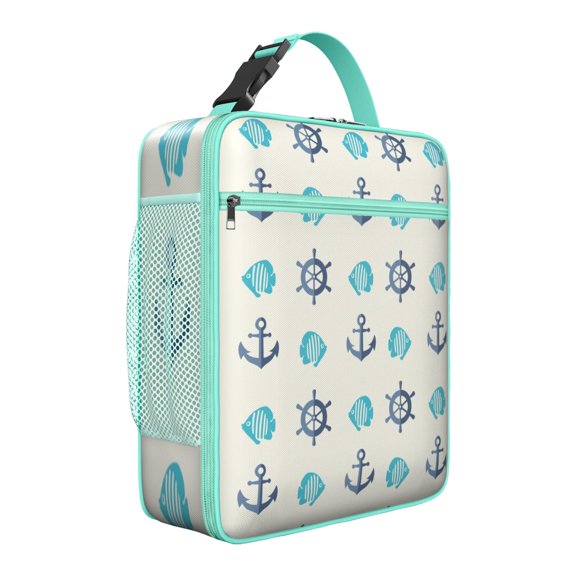 Sailing Theme Insulated Lunch Bag, Reusable Waterproof Tote with Anchor, Compass, and Ship Helm Design, Nautical Beach Cooler for Travel or Office Use