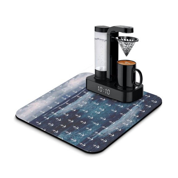 Sailing Themed Dish Drying Mat with Boat Anchor Mast Helm Design – Reusable and Quick Dry Coffee Bar Mat for Coastal Kitchen Counter Decor