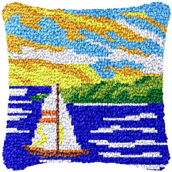 Sailing View Latch Hook Kits Pillow Cover DIY Rug Making Crochet Hook Cushion Making Kits with Preprinted Pattern Canvas DIY Needlework Crochet Kits Sofa Decor 43x43cm