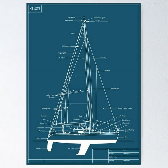 Sailing Yacht Blueprint Poster Wall Art, Modern Wall Decor For Living Room Bedroom, 8x12 UNFRAMED