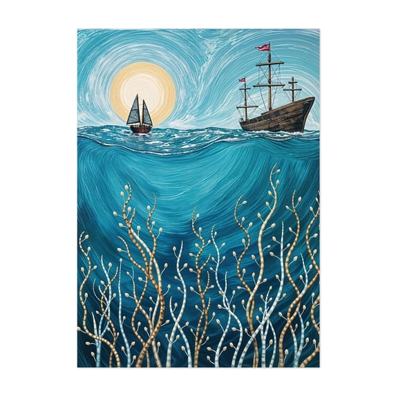 Sailing into the Deep - Painting Ocean Boat Waves Surrealism Vintage Fantasy Unframed Wall Art Print 36 x 48 inches