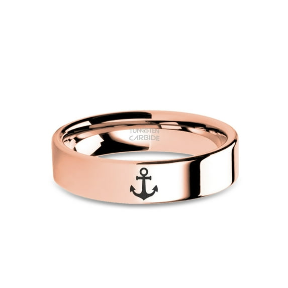 Sailor Anchor Laser Engraved Rose Gold Polished Tungsten Ring, 6mm, Size 12.5