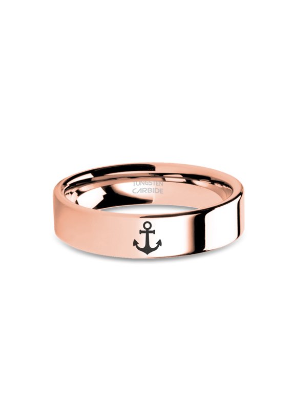 Sailor Anchor Laser Engraved Rose Gold Polished Tungsten Ring, 6mm, Size 13