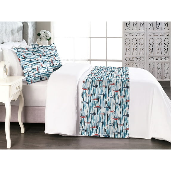 Sailor Bed Runner Set, Sailing Boats on the Sea Ocean Nautical Style Marine Drawing Artwork, Decorative Bedding Scarf & 2 Pillow Shams for Hotels Homes, King, Vermilion Seafoam and Blue, by Ambesonne