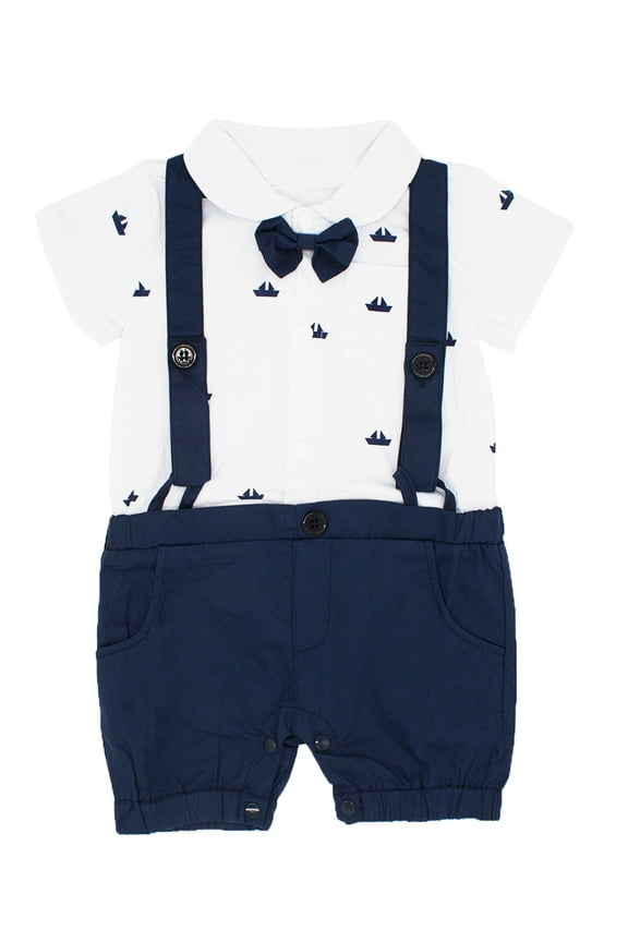 Sailor Boat Print Faux Suspender Formal Wear Baby Boy Short Sleeve Romper (80/6-12 Months)