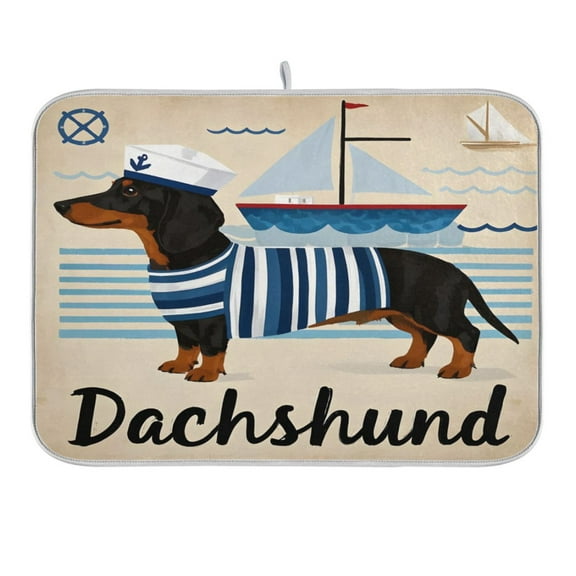 Sailor Dachshund Dog Dish Drying Mat for Kitchen Counter 16x18 In Absorbent Microfiber Reversible Mats Dish Drainer Protector Rack Pad for Coffee Bar Table
