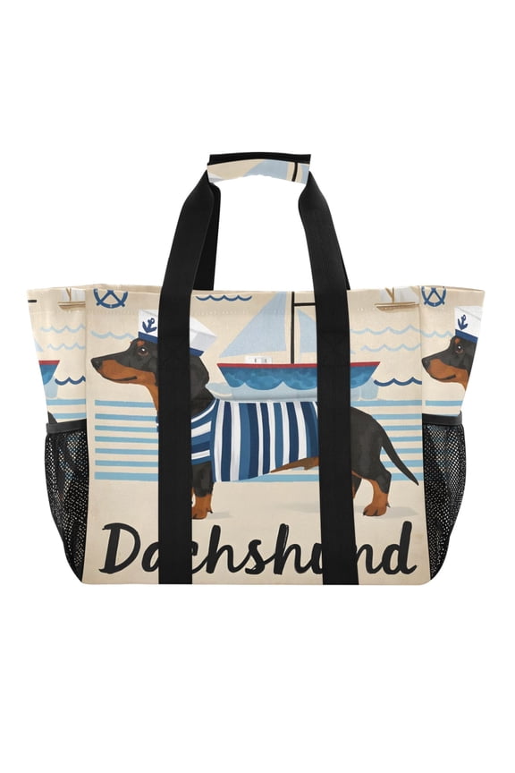 Sailor Dachshund Dog Reusable Grocery Bags with Handle Side Pocket Waterproof Shopping Portable Tote