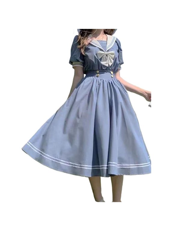 Sailor Dress for Women Sailor Collar with Bow and Button Detail Short Sleeve A-Line Casual Cute Outfit