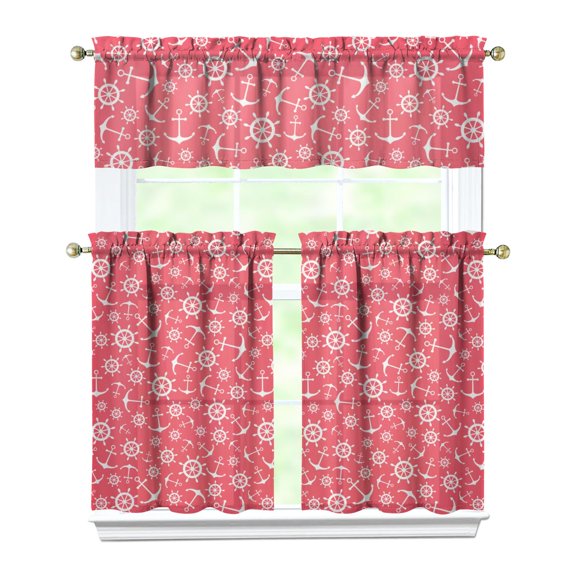 Sailor Inspired Nautical Curtains Set - 3-PC Blue & White Anchor & Wave Design Tier Panels with Valance, Rod Pocket Short Curtains for Kitchen or Bathroom