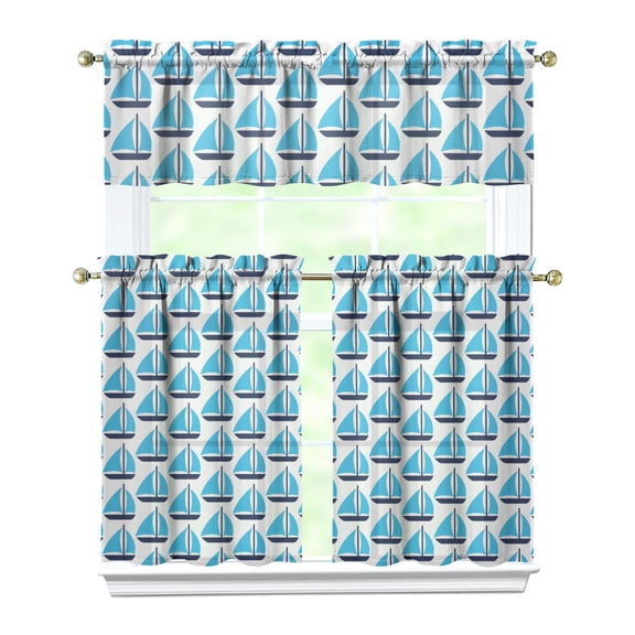 Sailor Inspired Nautical Curtains Set - 3-PC Blue & White Anchor & Wave Design Tier Panels with Valance, Rod Pocket Short Curtains for Kitchen or Bathroom