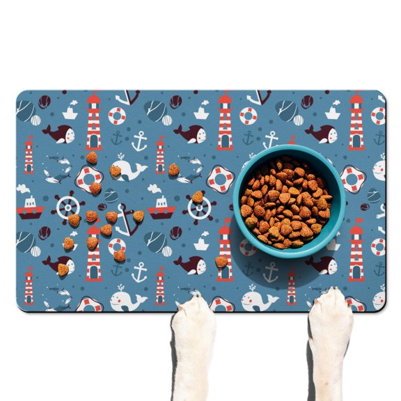 Sailor Mariner Seashell Sailing Dog Food Mat – Maritime Beach Pet Feeding Mat 12x20, Non-Slip, Absorbent, Quick Dry, Waterproof, Easy Clean