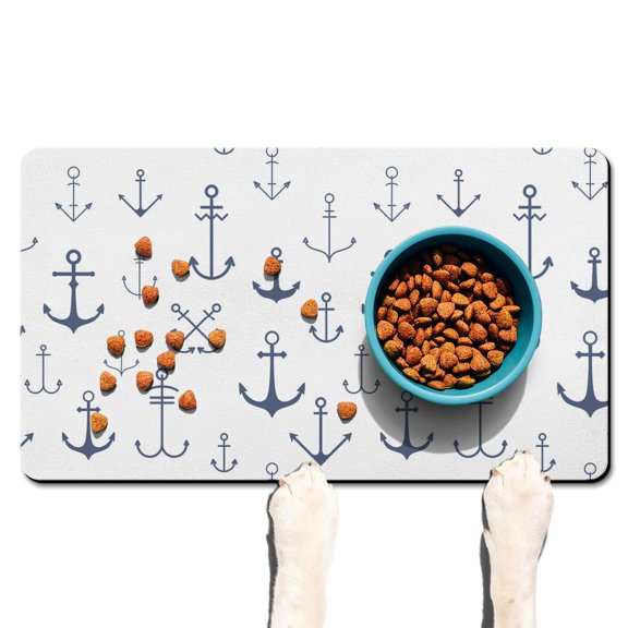 Sailor Mariner Seashell Sailing Dog Food Mat – Maritime Beach Pet Feeding Mat 17x30, Non-Slip, Absorbent, Quick Dry, , Easy Clean