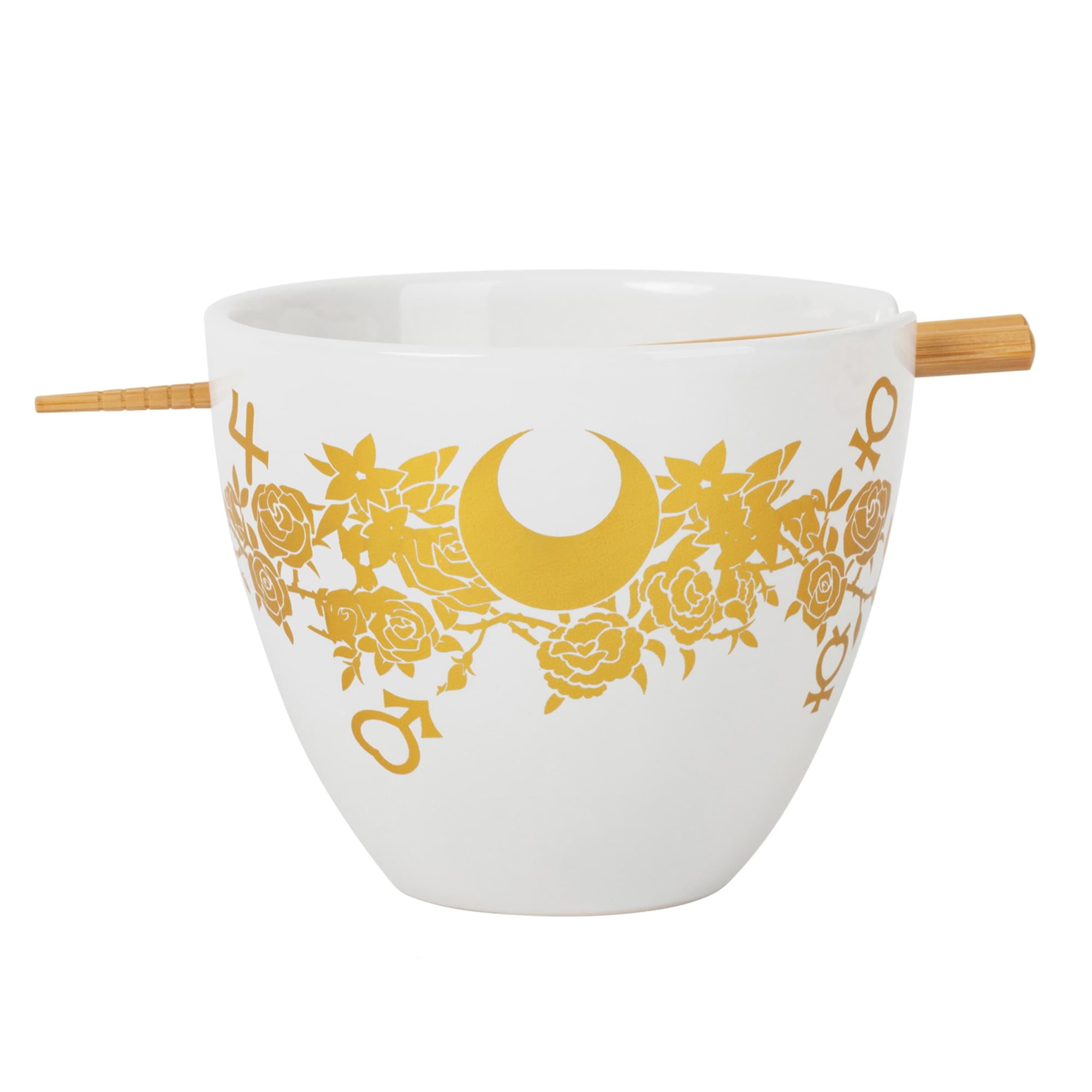 Sailor Moon 875396 16 oz Symbols Ramen Bowl with Chopsticks, White & Gold