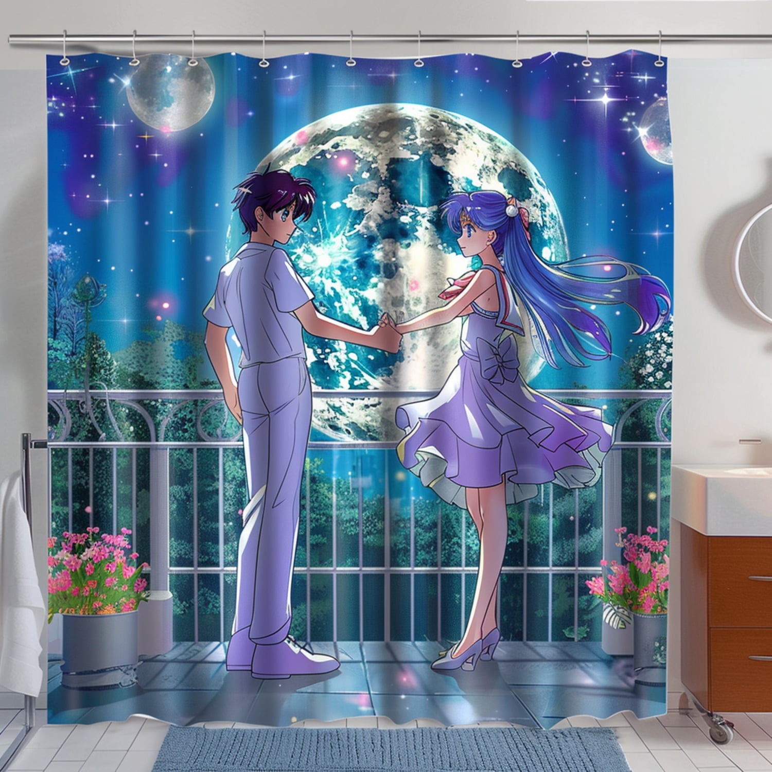 Sailor Moon Anime Shower Curtain with Boy and Woman in Purple Dress