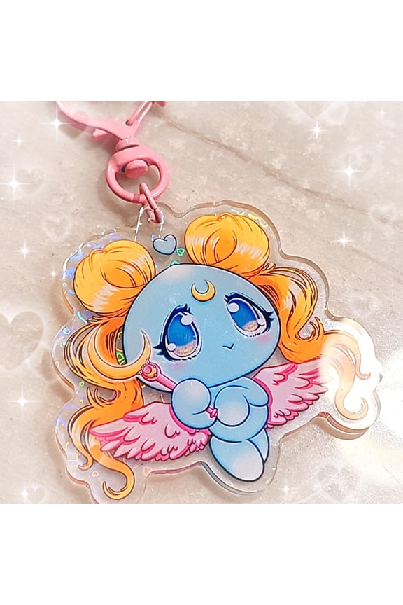 Sailor Moon Chao Keychain - Double Sided Heart Holographic Effect with Fan Art Illustration Kawaii Angel Wing and Mahou Shoujo Scepter Wand