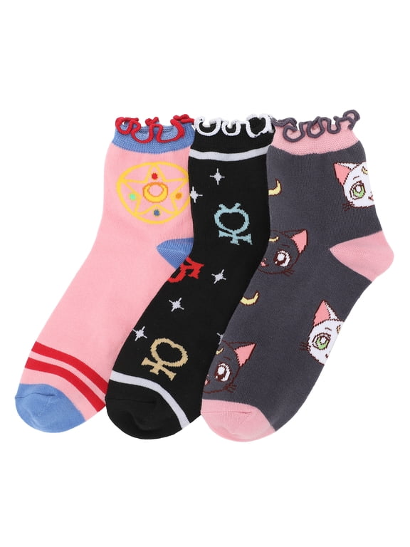 Sailor Moon Cosmic Symbols & Cats Women's 3-Pair Lettuce Edge Casual Quarter Crew Socks