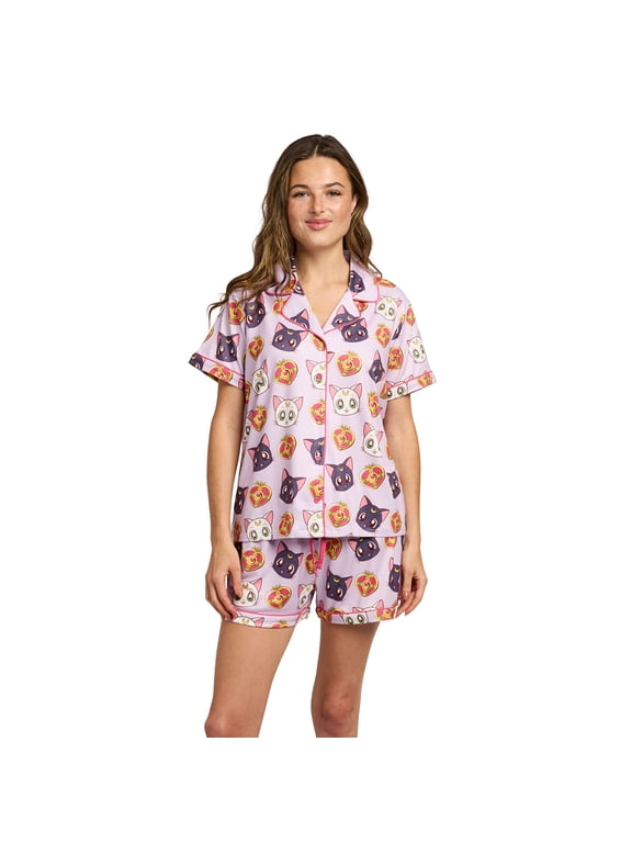 Sailor Moon Luna, Artemis, and Diana All-Over Print Women's Notch Collar Button-Down Shirt and Shorts Sleepwear Set -Large