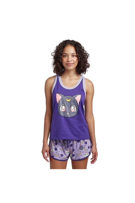 Sailor Moon Luna Cat Women's Racerback Tank Sleepwear Set With Dolphin Short-Medium