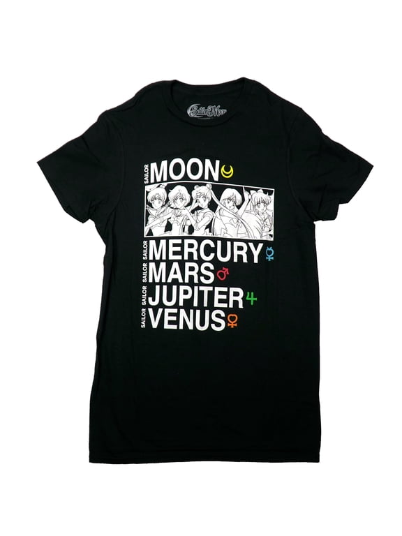Sailor Moon Mens T-Shirt - Black and White Cast Over Names (Small)